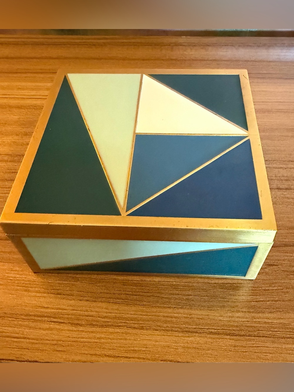 West Elm Enameled Brass Geometric Decorative Keepsake Box Small Cobalt / Sage